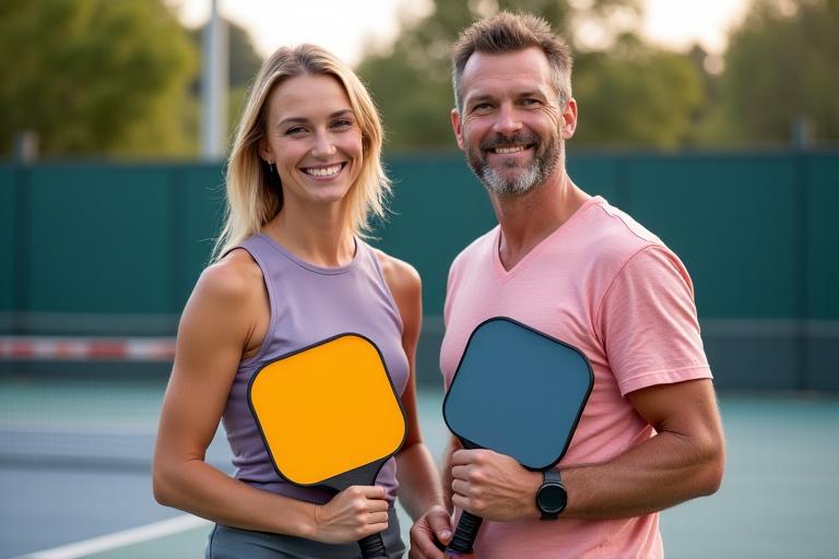 Two smiling pickleball founders reviewing new paddle designs on a pickleball court.