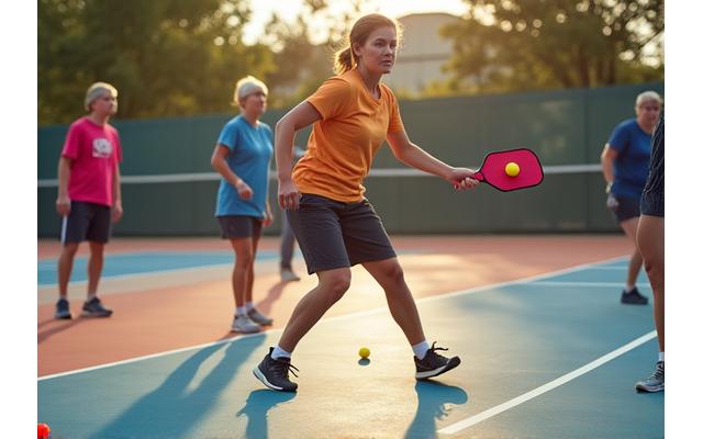 Pickleball players practicing drills on a court